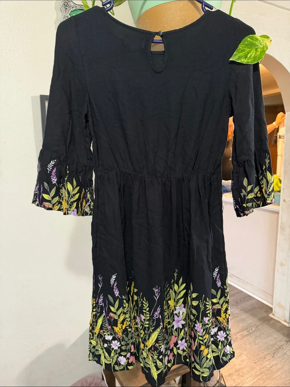 Old Navy Black Dress with Colorful Floral Hem and Cuffs